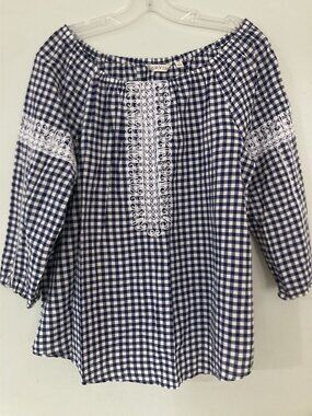 Blue & White Gingham Blouse With Embroidered Front & Sleeves - Orvis Medium